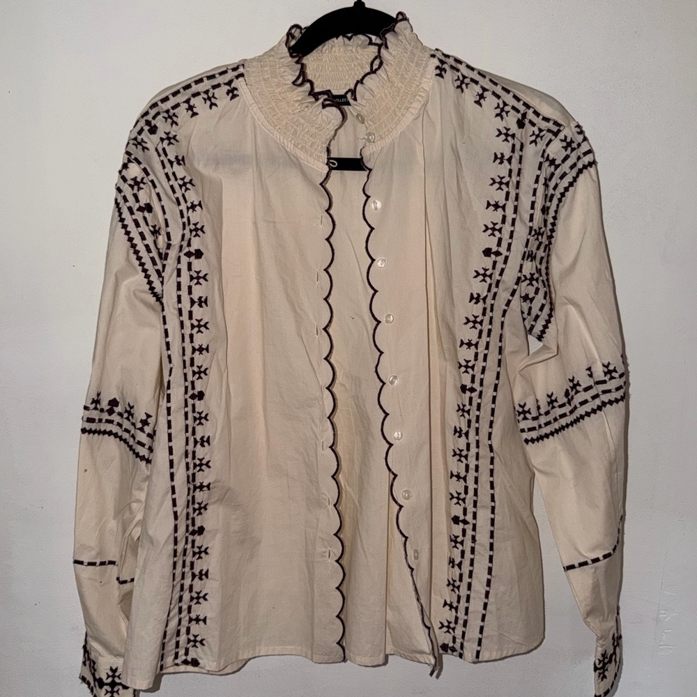 Sfera Collection Embroidered Blouse Cream Long Sleeve Size Small